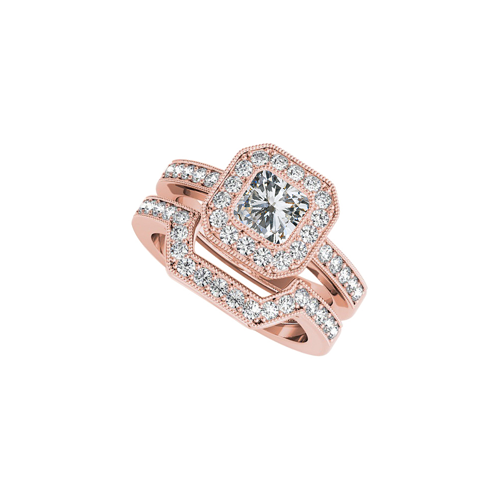 1.50 Ct 14k Rose Gold Wedding Band Set Curved Cubic Zirconia Halo Engagement Ring, Size 6