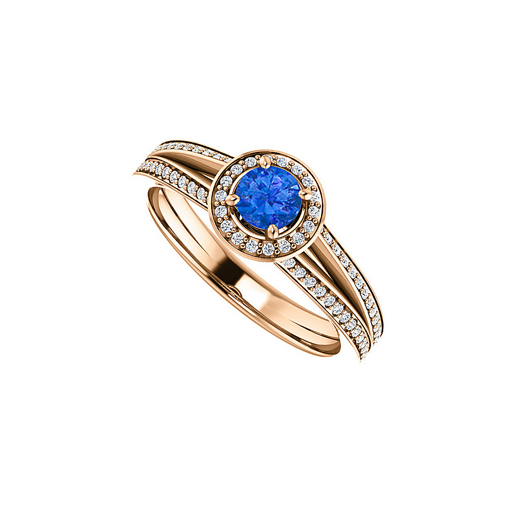 0.75 Ct 14k Rose Gold Vermeil Cubic Zirconia Sapphire Split Shank Halo Ring, Size 6