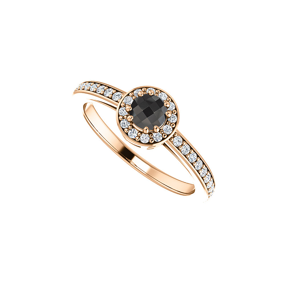 0.75 Ct 14k Rose Gold Black Onyx Cubic Zirconia Halo Engagement Ring, Size 6