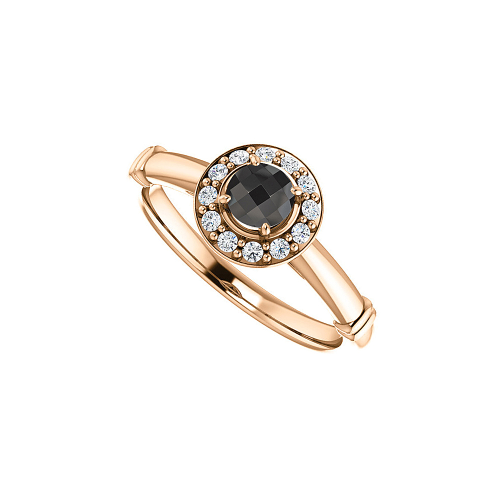0.75 Ct 14k Rose Gold Lovely Halo Ring With Black Onyx & Cubic Zirconia, Size 6