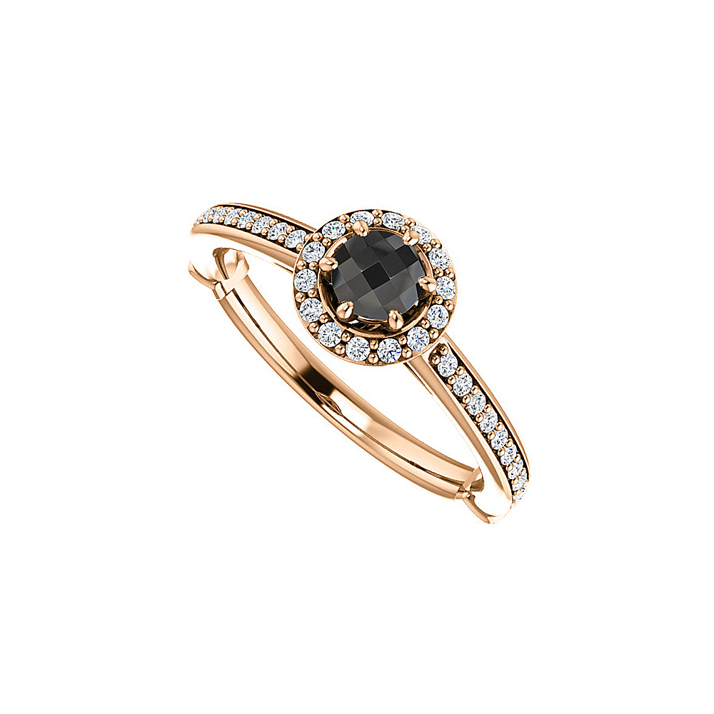 0.75 Ct 14k Rose Gold Black Onyx & Cubic Zirconia Unique Style Ring, Size 6