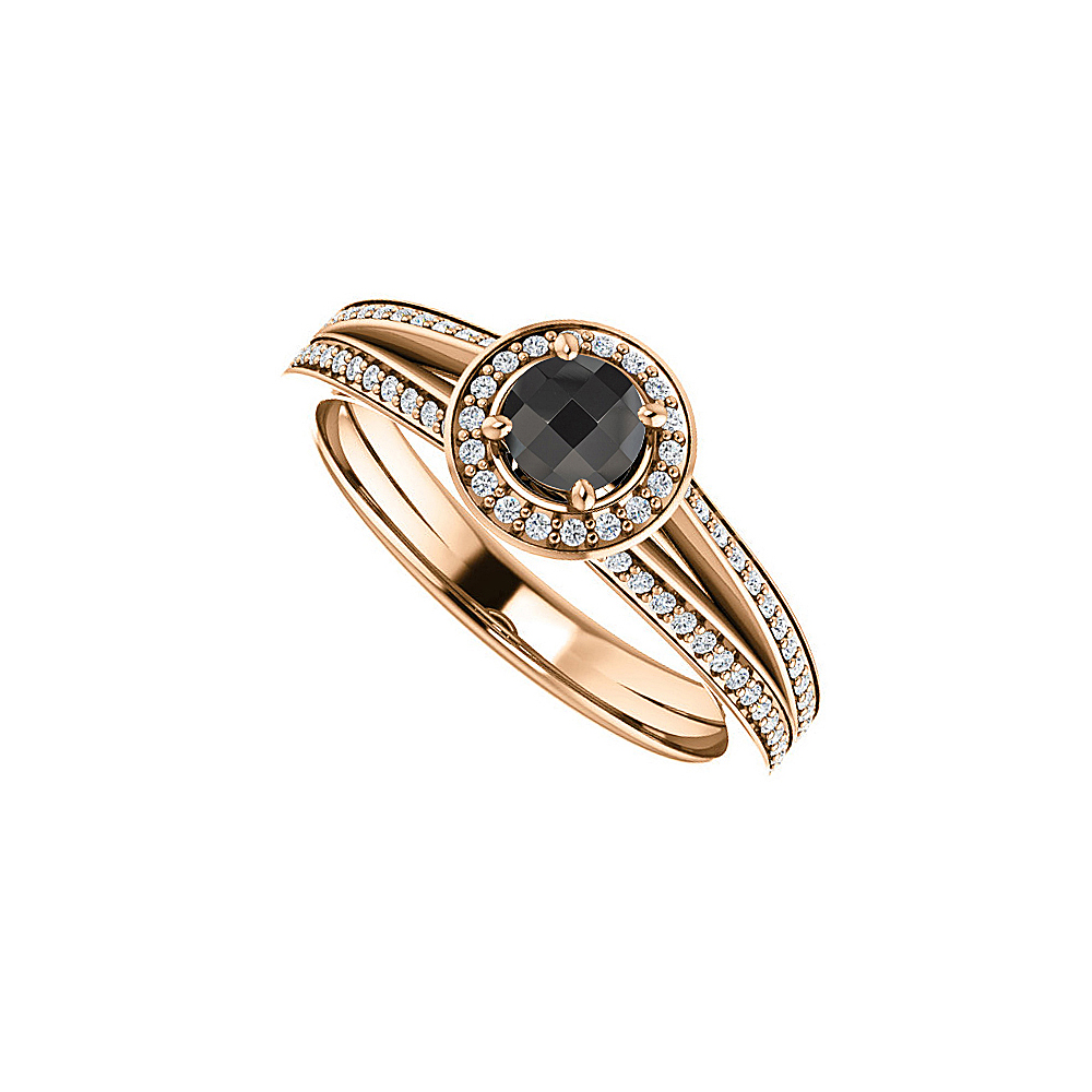 0.75 Ct 14k Rose Gold Black Onyx & Cubic Zirconia Split Shank Halo Ring, Size 6