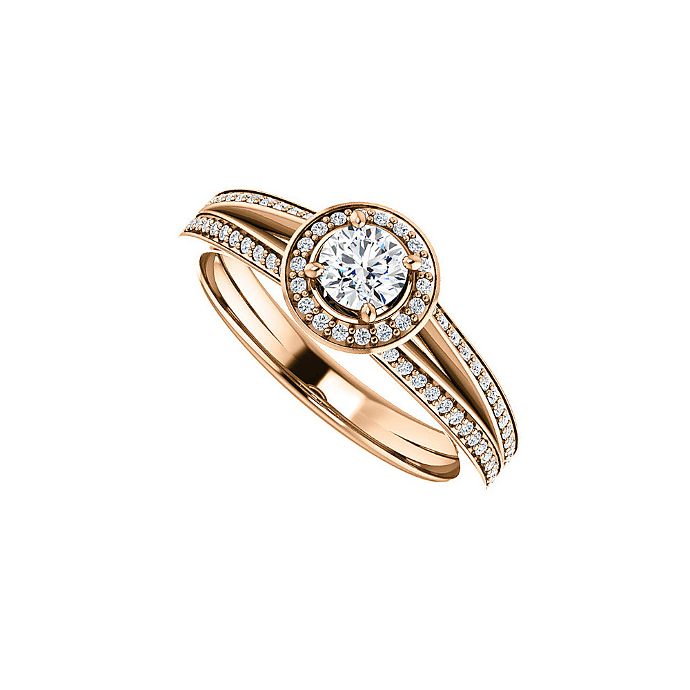 0.75 Ct 14k Rose Gold Vermeil Glitzy Cubic Zirconia Split Shank Halo Ring, Size 6