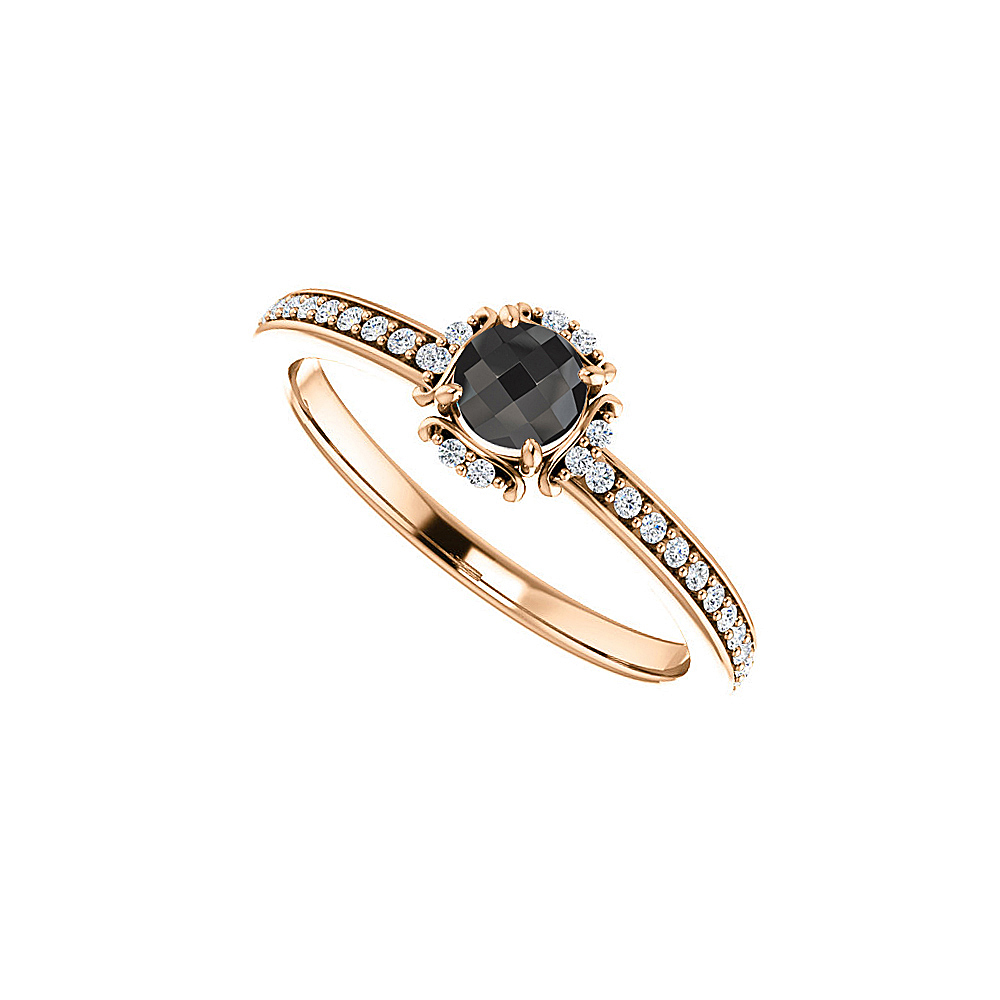 0.75 Ct 14k Rose Gold Black Onyx & Cubic Zirconia Ring, Size 6