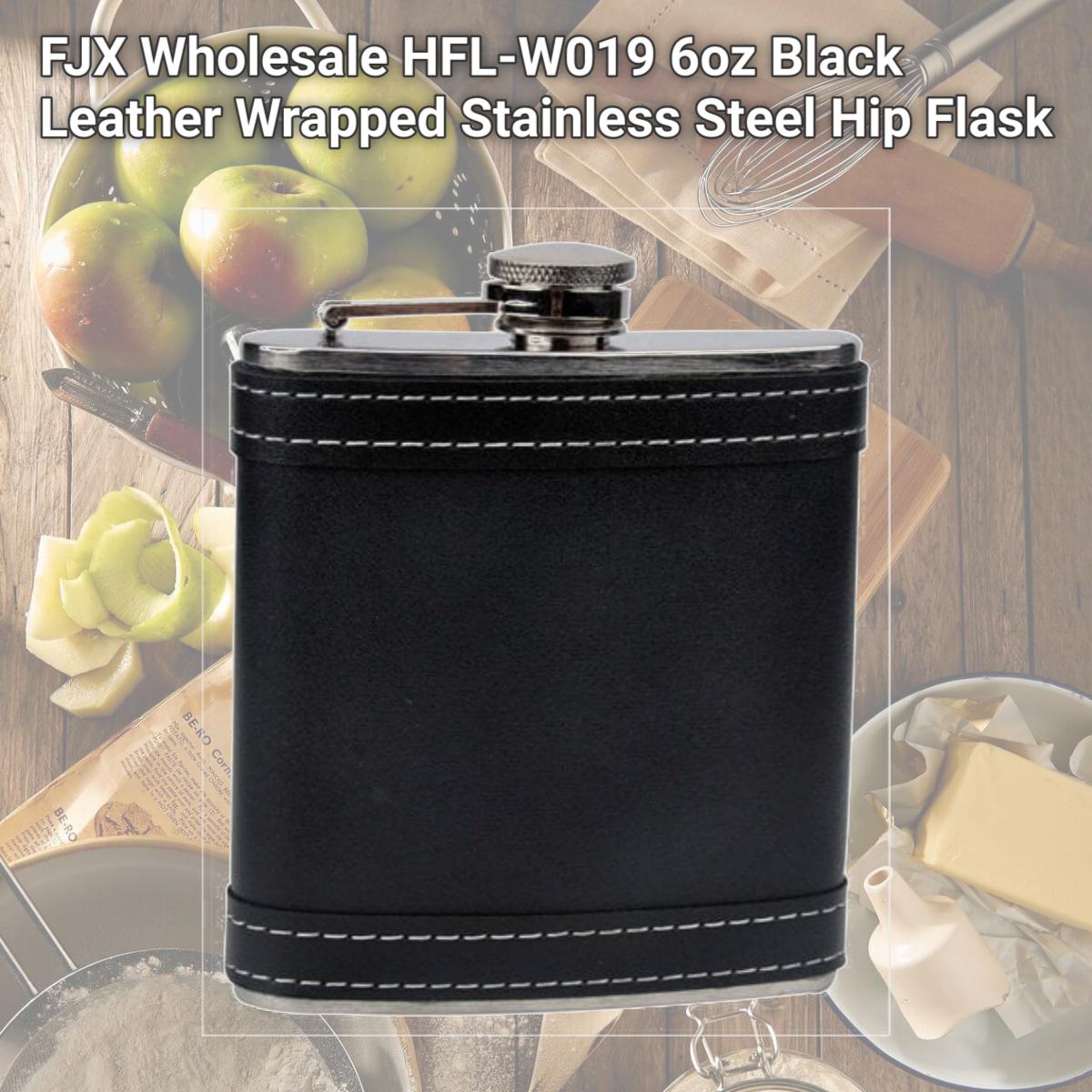 Picture of FJX Wholesale HFL-W019 6oz Black Leather Wrapped Stainless Steel Hip Flask