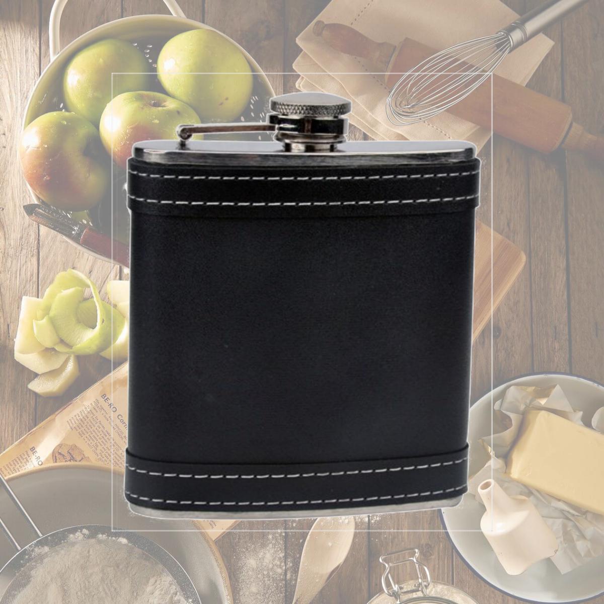 Picture of FJX Wholesale HFL-W019 6oz Black Leather Wrapped Stainless Steel Hip Flask