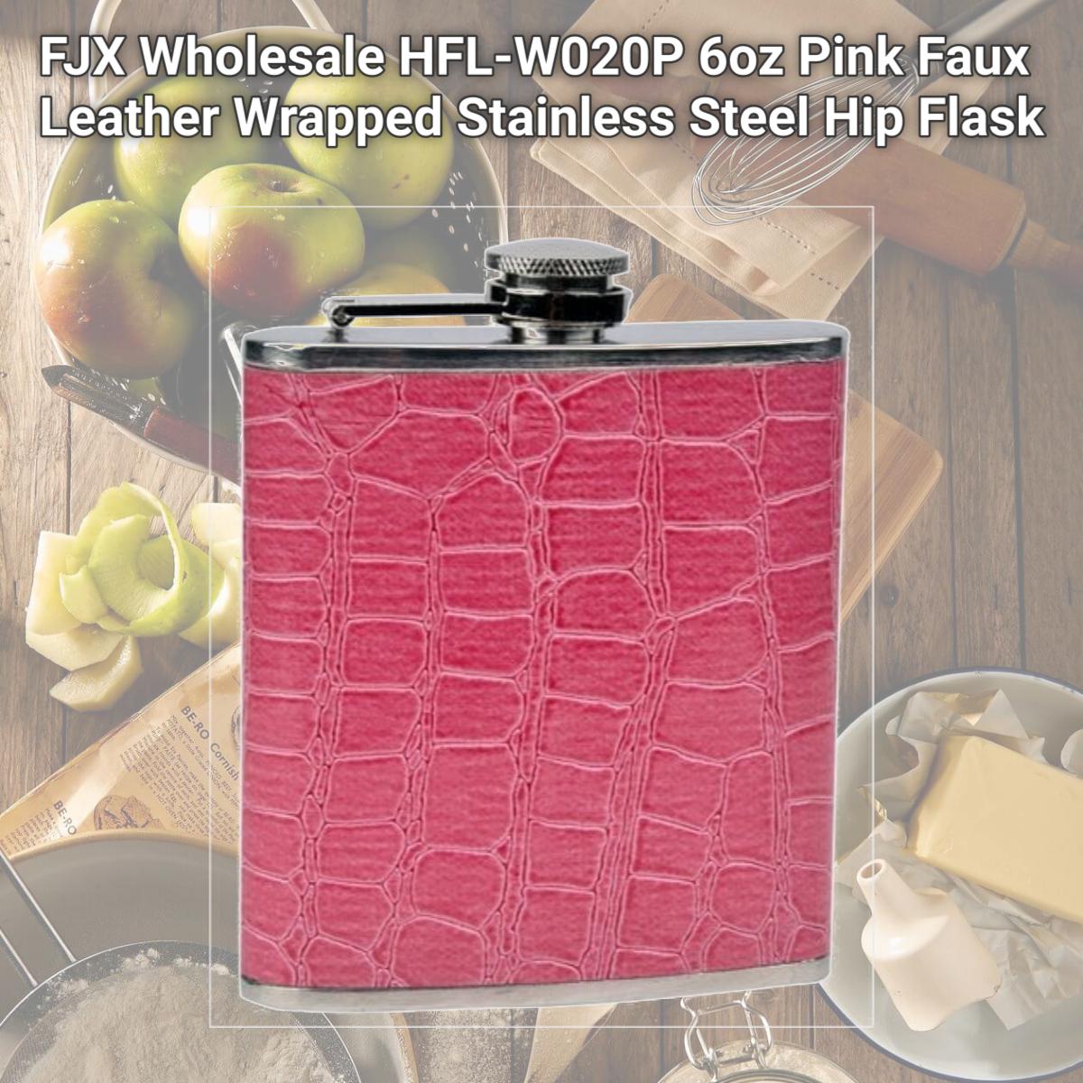 Picture of FJX Wholesale HFL-W020P 6oz Pink Faux Leather Wrapped Stainless Steel Hip Flask