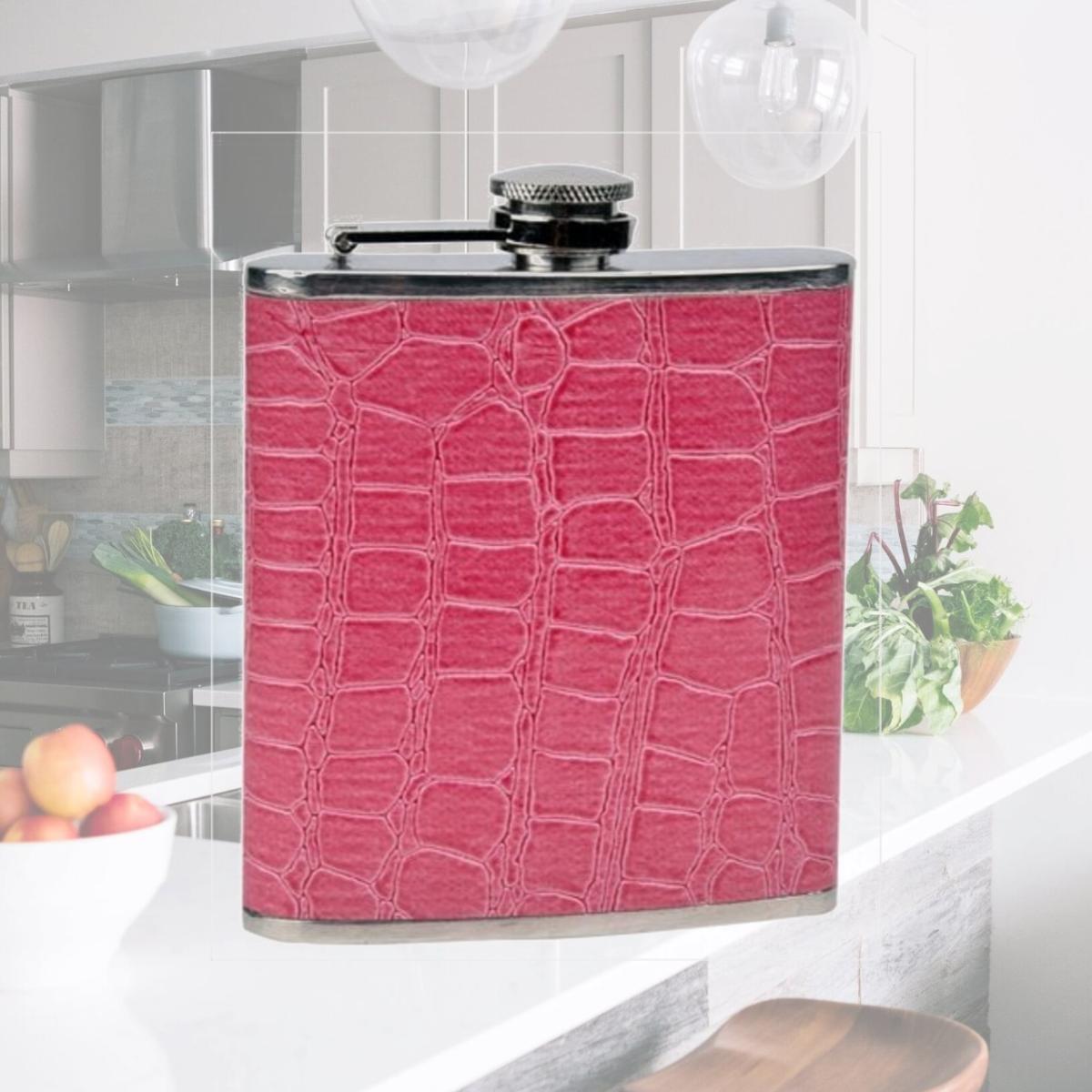 Picture of FJX Wholesale HFL-W020P 6oz Pink Faux Leather Wrapped Stainless Steel Hip Flask