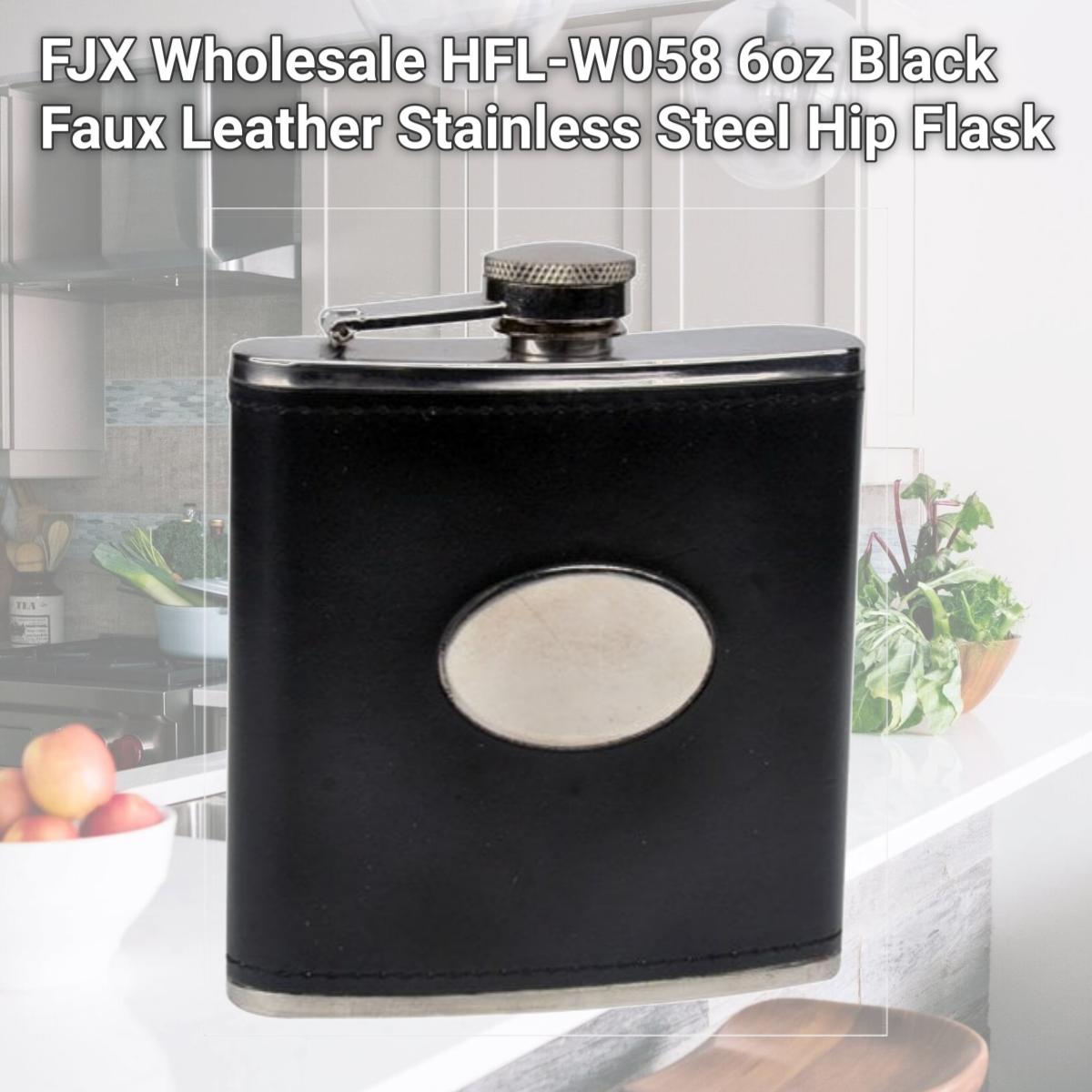 Picture of FJX Wholesale HFL-W058 6oz Black Faux Leather Stainless Steel Hip Flask
