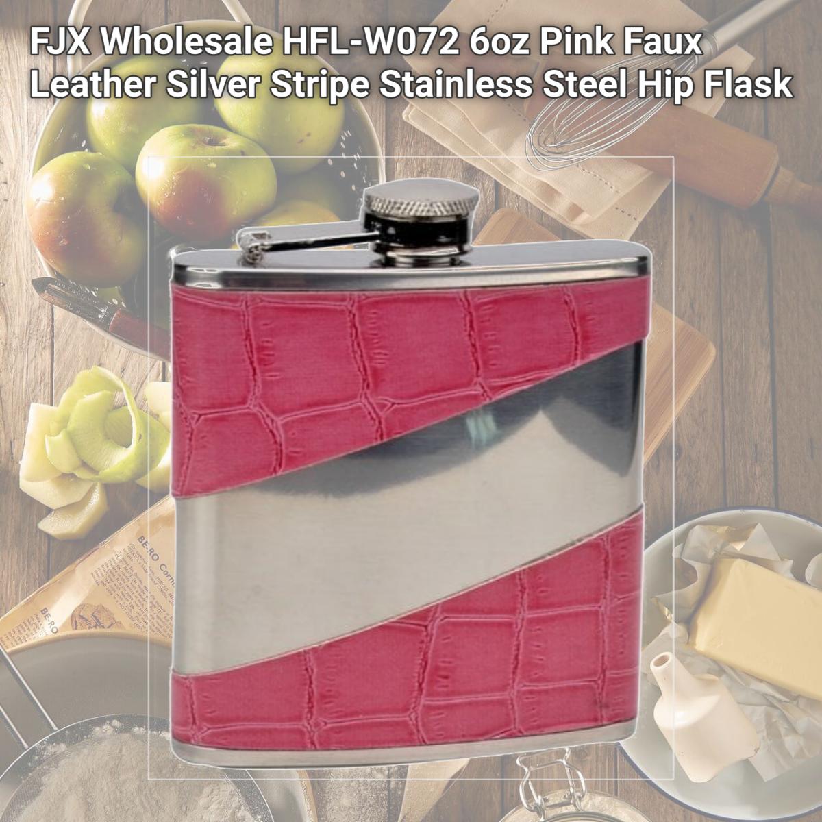 Picture of FJX Wholesale HFL-W072 6oz Pink Faux Leather Silver Stripe Stainless Steel Hip Flask