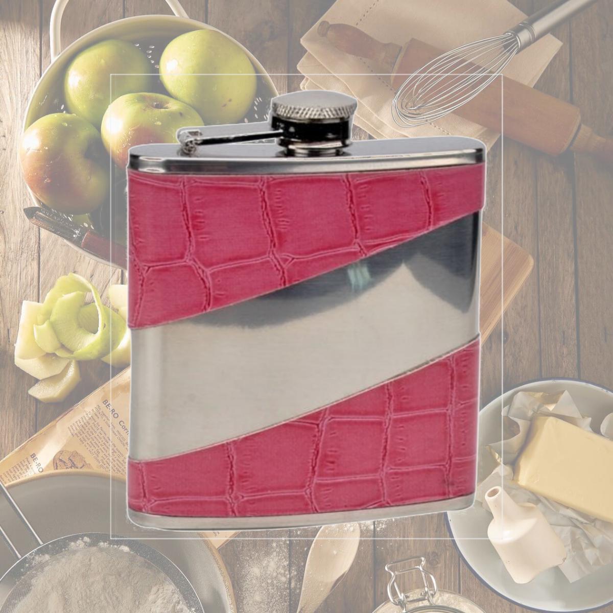 Picture of FJX Wholesale HFL-W072 6oz Pink Faux Leather Silver Stripe Stainless Steel Hip Flask