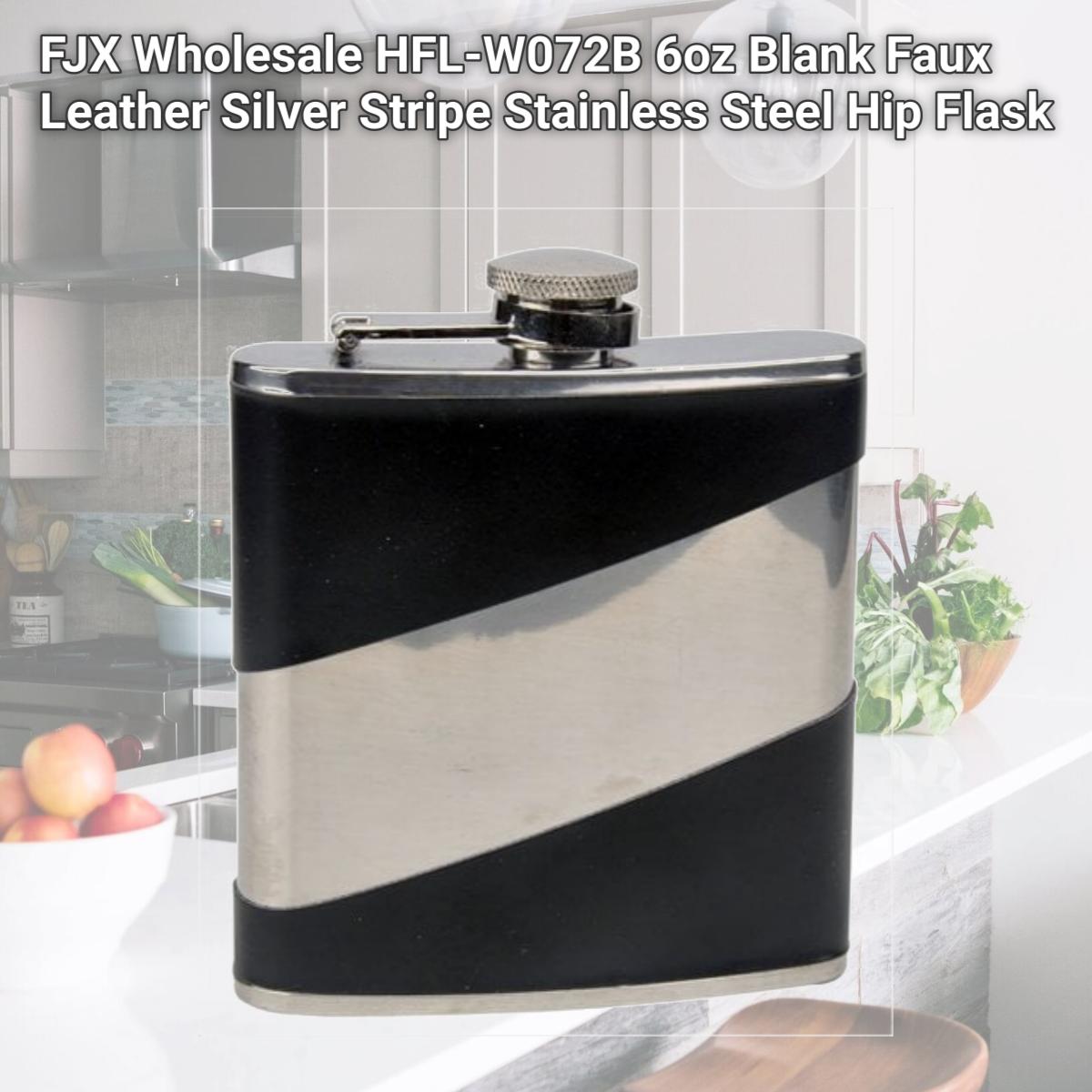 Picture of FJX Wholesale HFL-W072B 6oz Blank Faux Leather Silver Stripe Stainless Steel Hip Flask