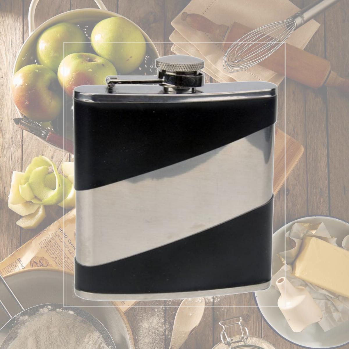 Picture of FJX Wholesale HFL-W072B 6oz Blank Faux Leather Silver Stripe Stainless Steel Hip Flask