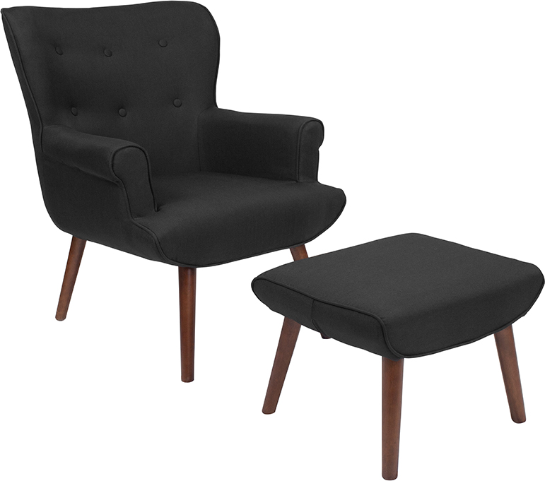 Qy-b39-co-bk-gg Bayton Upholstered Wingback Chair With Ottoman, Black Fabric