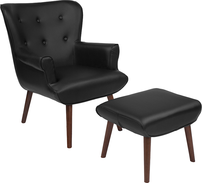 Qy-b39-co-bkl-gg Bayton Upholstered Wingback Chair With Ottoman, Black Leather