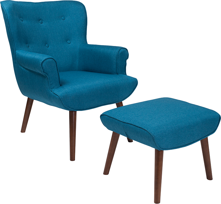 Qy-b39-co-blu-gg Bayton Upholstered Wingback Chair With Ottoman, Blue Fabric