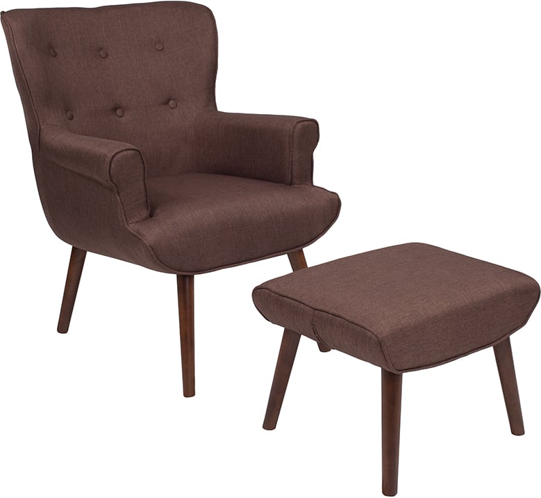Qy-b39-co-brn-gg Bayton Upholstered Wingback Chair With Ottoman, Brown Fabric