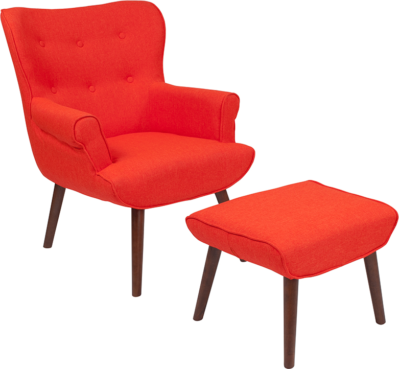 Qy-b39-co-or-gg Bayton Upholstered Wingback Chair With Ottoman, Orange Fabric