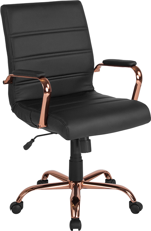 GO-2286M-BK-RSGLD-GG Mid-Back Black Leather Executive Swivel Chair with Rose Gold Frame & Arms, 37 - 40.75 x 23 x 24 in.