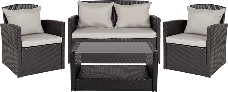 Jj-s351-gg Aransas Series 4 Piece Black Patio Set With Gray Back Pillows & Seat Cushions, 30 - 30.5 X 25.5 - 47.25 X 22 - 23 In.
