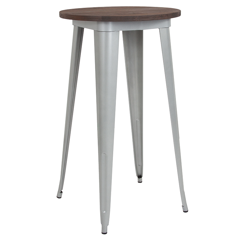 Ch-51080-40m1-sil-gg 24 In. Round Silver Metal Indoor Bar Height Table With Walnut Rustic Wood Top