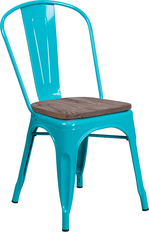 ET-3534-CB-WD-GG Crystal Teal-Blue Metal Stackable Chair with Wood Seat, 33.5 x 17.75 x 20 in.