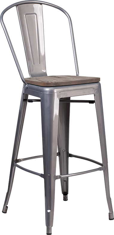 XU-DG-TP001B-30-WD-GG 30 in. High Clear Coated Barstool with Back & Wood Seat