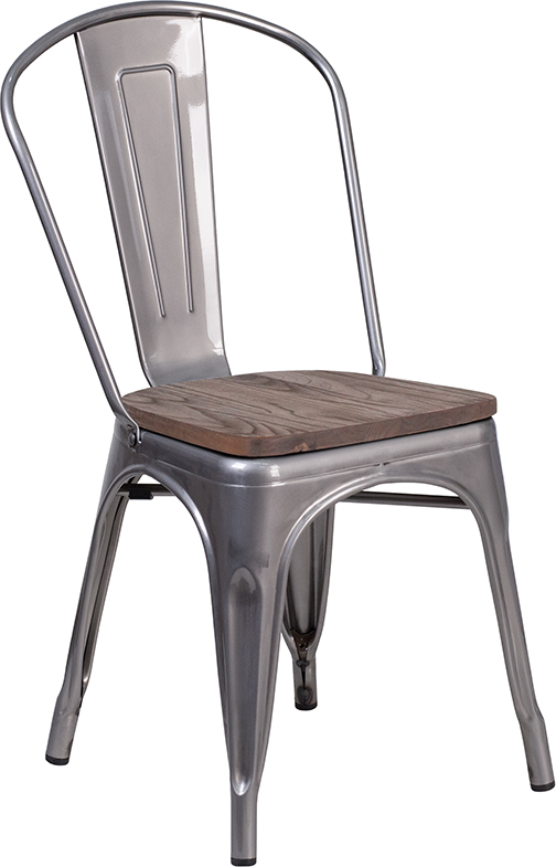 XU-DG-TP001-WD-GG Clear Coated Metal Stackable Chair with Wood Seat