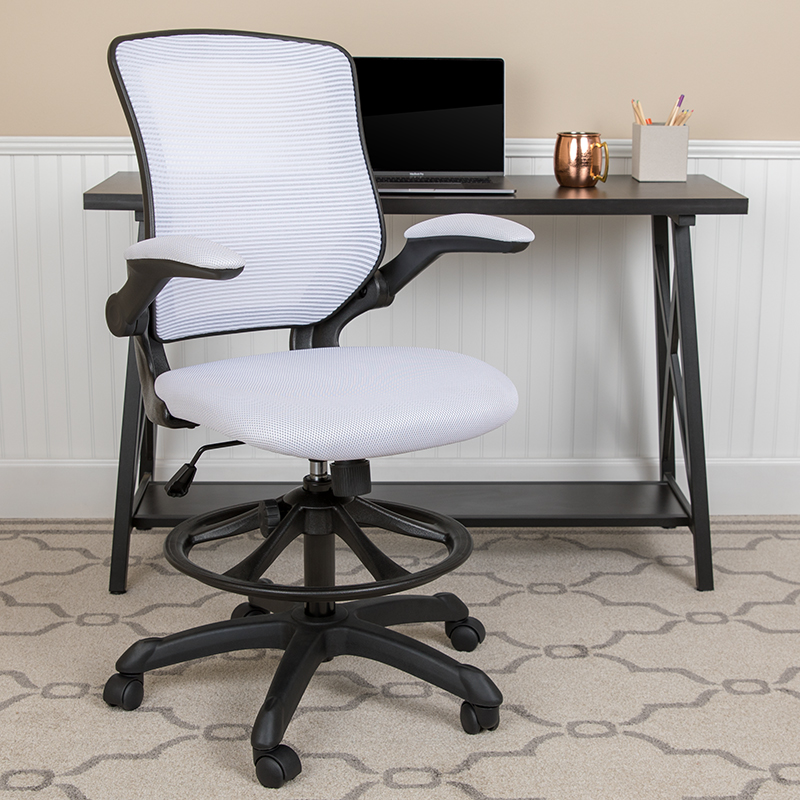 Bl-zp-8805d-wh-gg Mid Back White Mesh Ergonomic Drafting Chair With Adjustable Foot Ring & Flip Up Arms