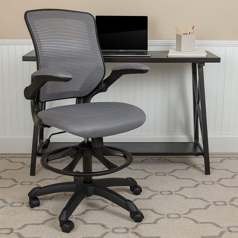 Bl-zp-8805d-dkgy-gg Mid Back Dark Gray Mesh Ergonomic Drafting Chair With Adjustable Foot Ring & Flip Up Arms