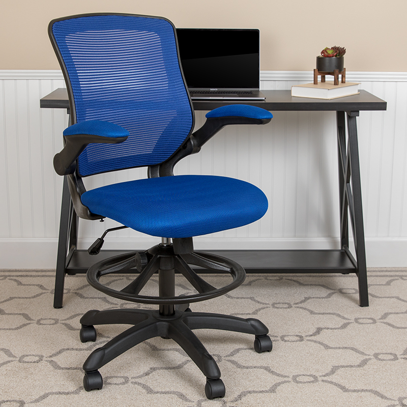 Bl-zp-8805d-blue-gg Mid Back Blue Mesh Ergonomic Drafting Chair With Adjustable Foot Ring & Flip Up Arms