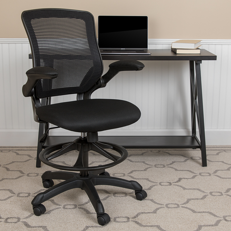 Bl-zp-8805d-bk-gg Mid Back Black Mesh Ergonomic Drafting Chair With Adjustable Foot Ring & Flip Up Arms