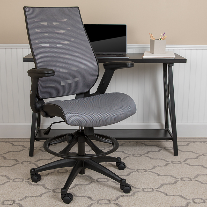 Bl-zp-809d-dkgy-gg High Back Dark Gray Mesh Spine Back Ergonomic Drafting Chair With Adjustable Foot Ring & Adjustable Flip Up Arms