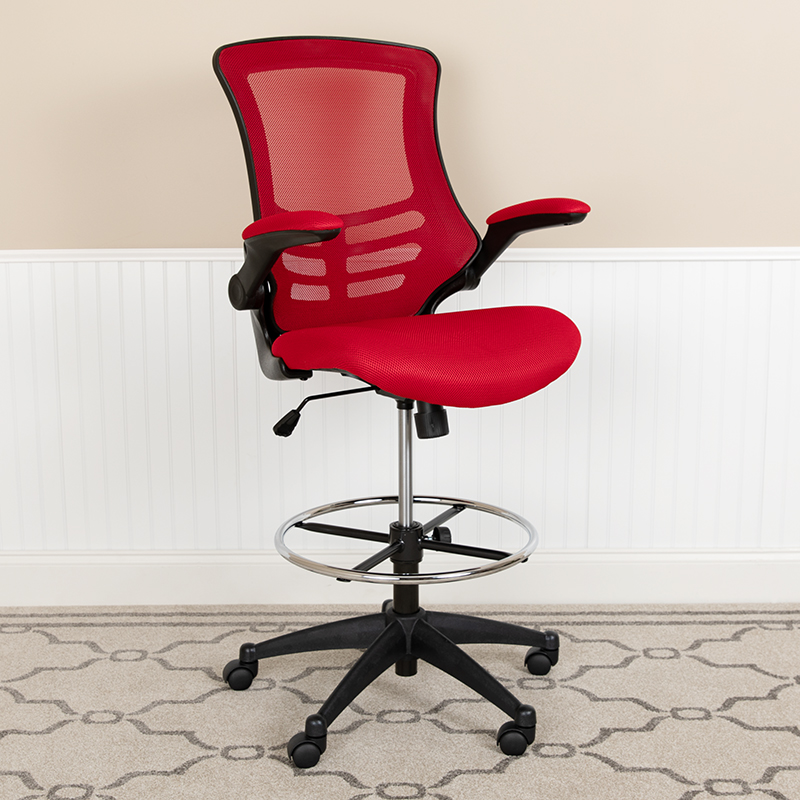 Bl-x-5m-d-red-gg Mid Back Red Mesh Ergonomic Drafting Chair With Adjustable Foot Ring & Flip Up Arms