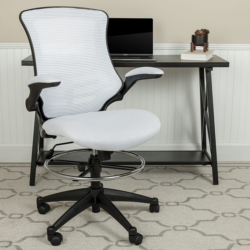 Bl-x-5m-d-wh-gg Mid Back White Mesh Ergonomic Drafting Chair With Adjustable Foot Ring & Flip Up Arms