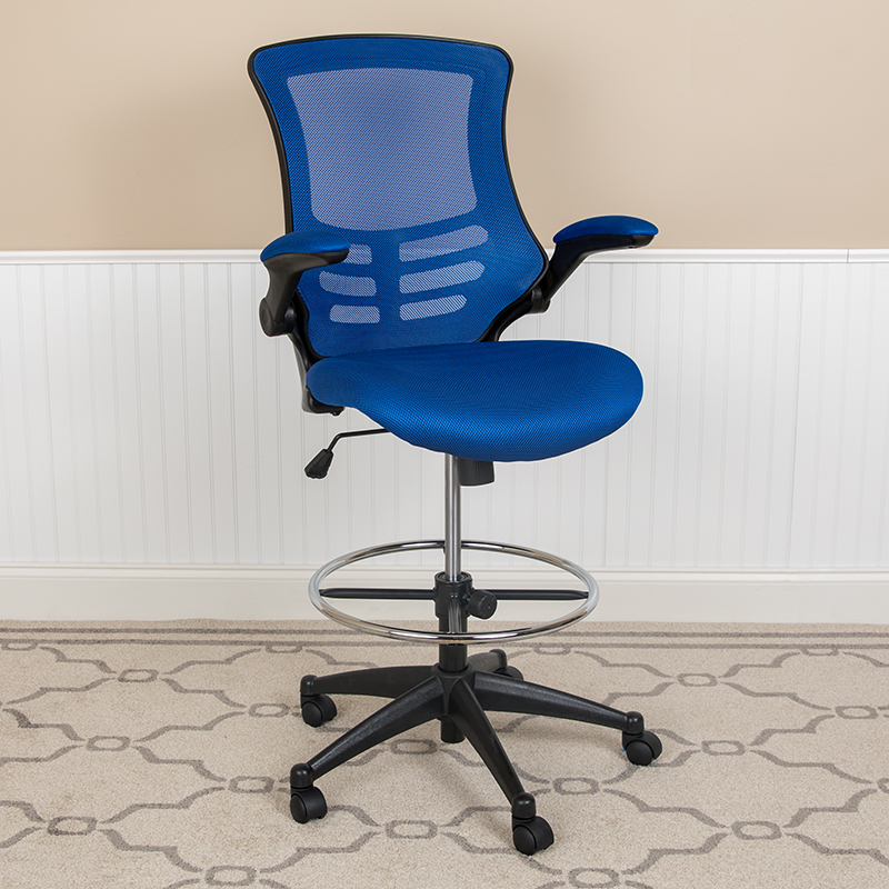 Bl-x-5m-d-blue-gg Mid Back Blue Mesh Ergonomic Drafting Chair With Adjustable Foot Ring & Flip Up Arms