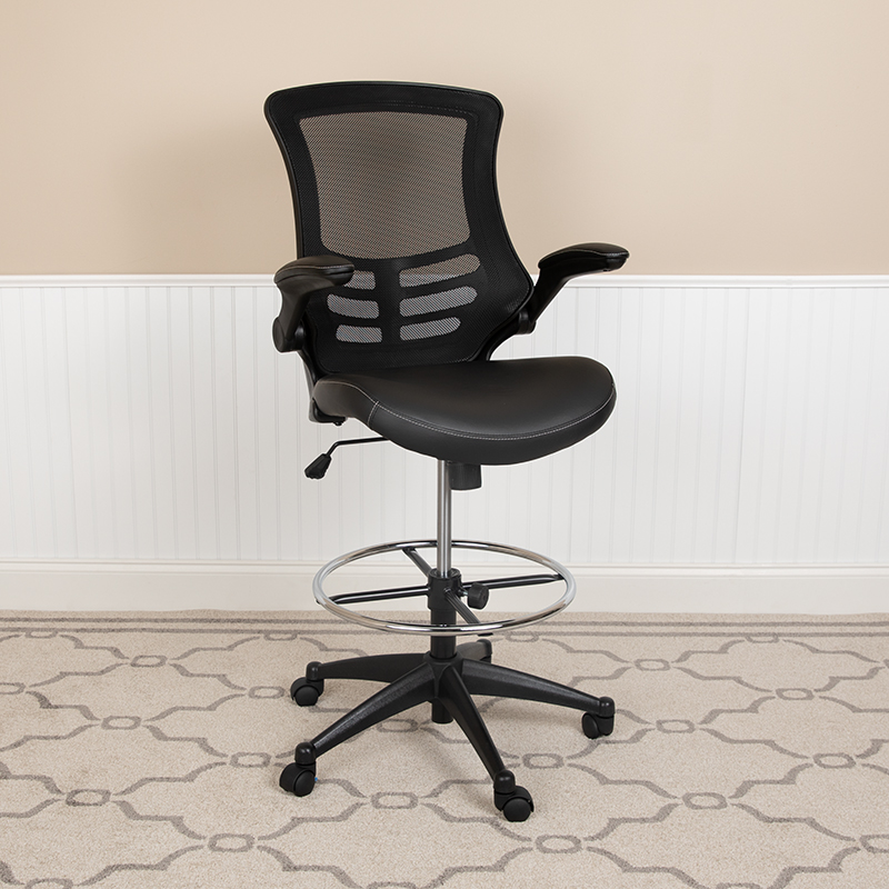 Mid Back Black Mesh Ergonomic Drafting Chair with LeatherSoft Seat, Adjustable Foot Ring & Flip Up Arms
