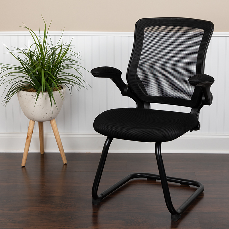 Bl-zp-8805c-gg Black Mesh Sled Base Side Reception Chair With Flip Up Arms