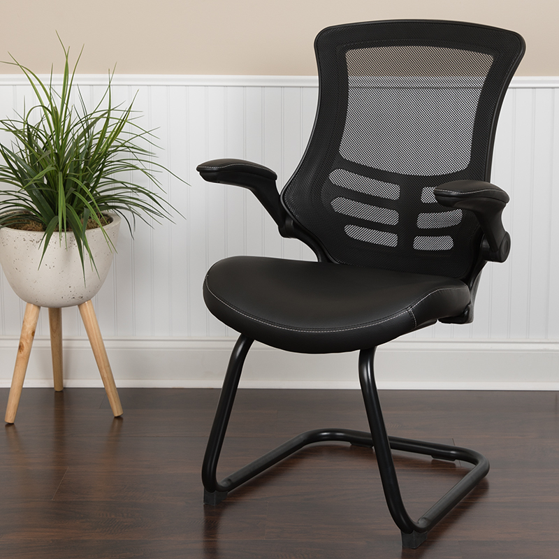 Bl-x-5c-bk-lea-gg Black Mesh Sled Base Side Reception Chair With White Stitched Leathersoft Seat & Flip Up Arms