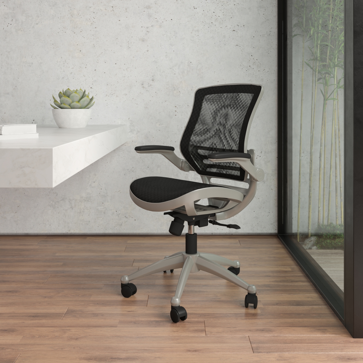 BL-8801X-BK-GR-GG Mid-Back Transparent Black Mesh Executive Swivel Office Chair with Graphite Silver Frame & Flip-Up Arms
