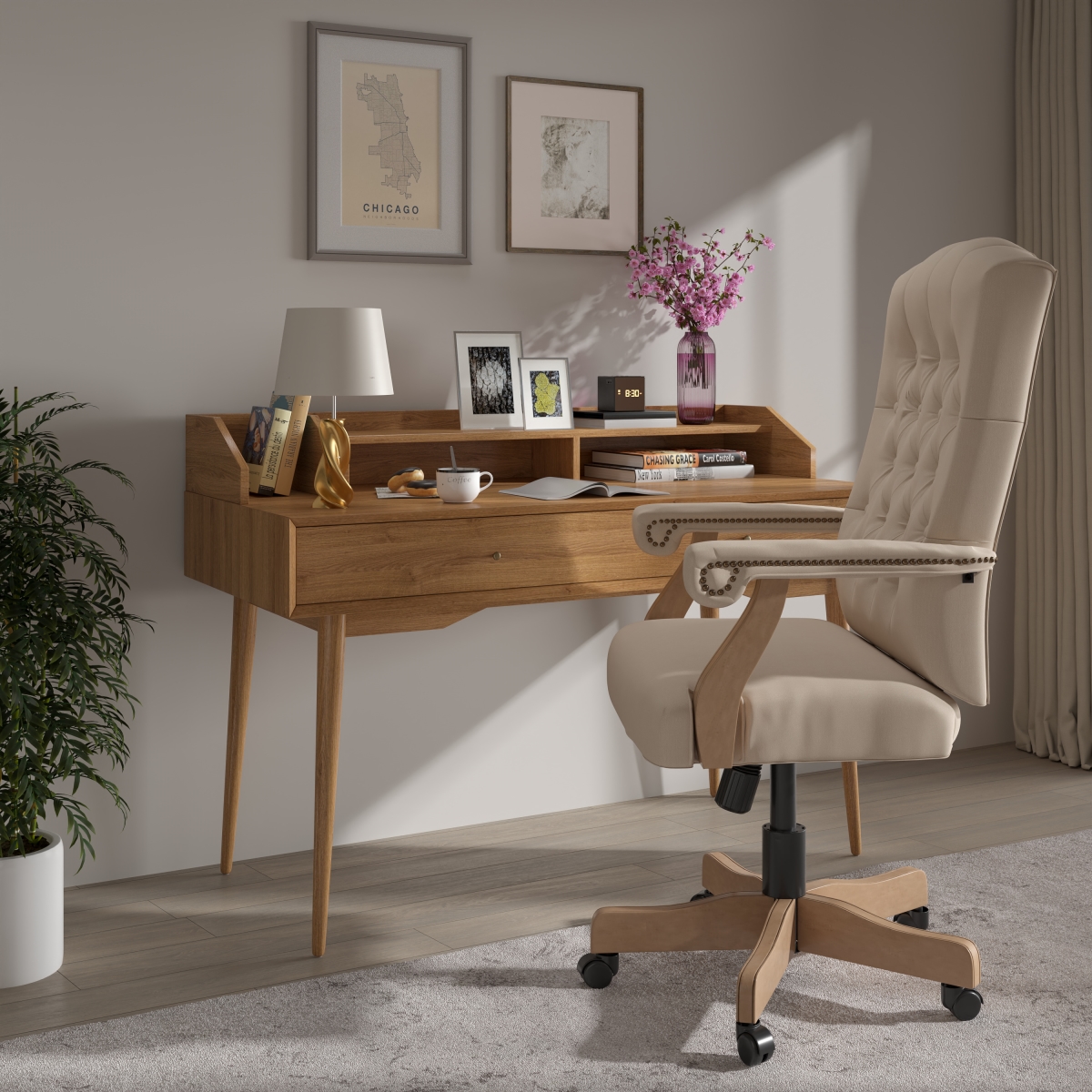 802-IV-GG Microfiber Classic Executive Swivel Office Chair with Driftwood Arms & Base, Ivory