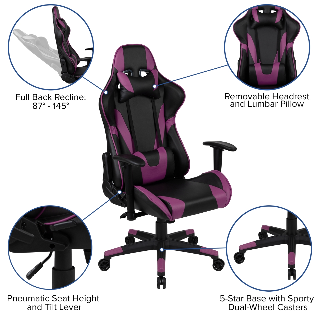 Picture of Flash Furniture CH-187230-1-PR-GG X20 Racing Office Ergonomic Computer PC Adjustable Swivel Gaming Chair with Fully Reclining Back in LeatherSoft&#44; Purple & Black