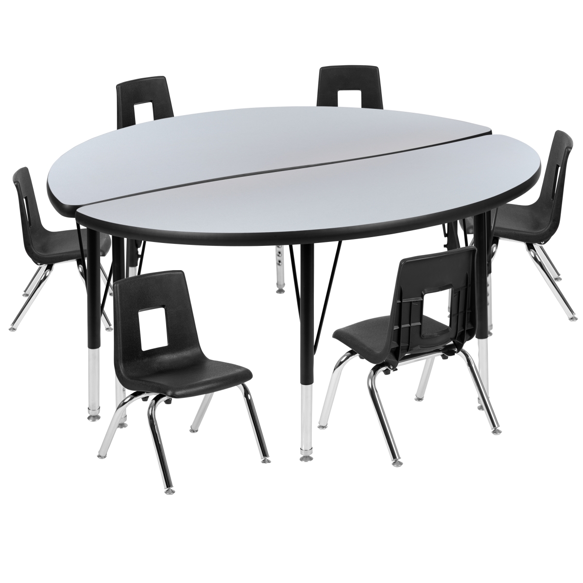 XU-GRP-12CH-A48-HCIRC-GY-T-P-GG 47.5 in. Circle Wave Flexible Laminate Activity Table Set with 12 in. Student Stack Chairs, Grey & Black