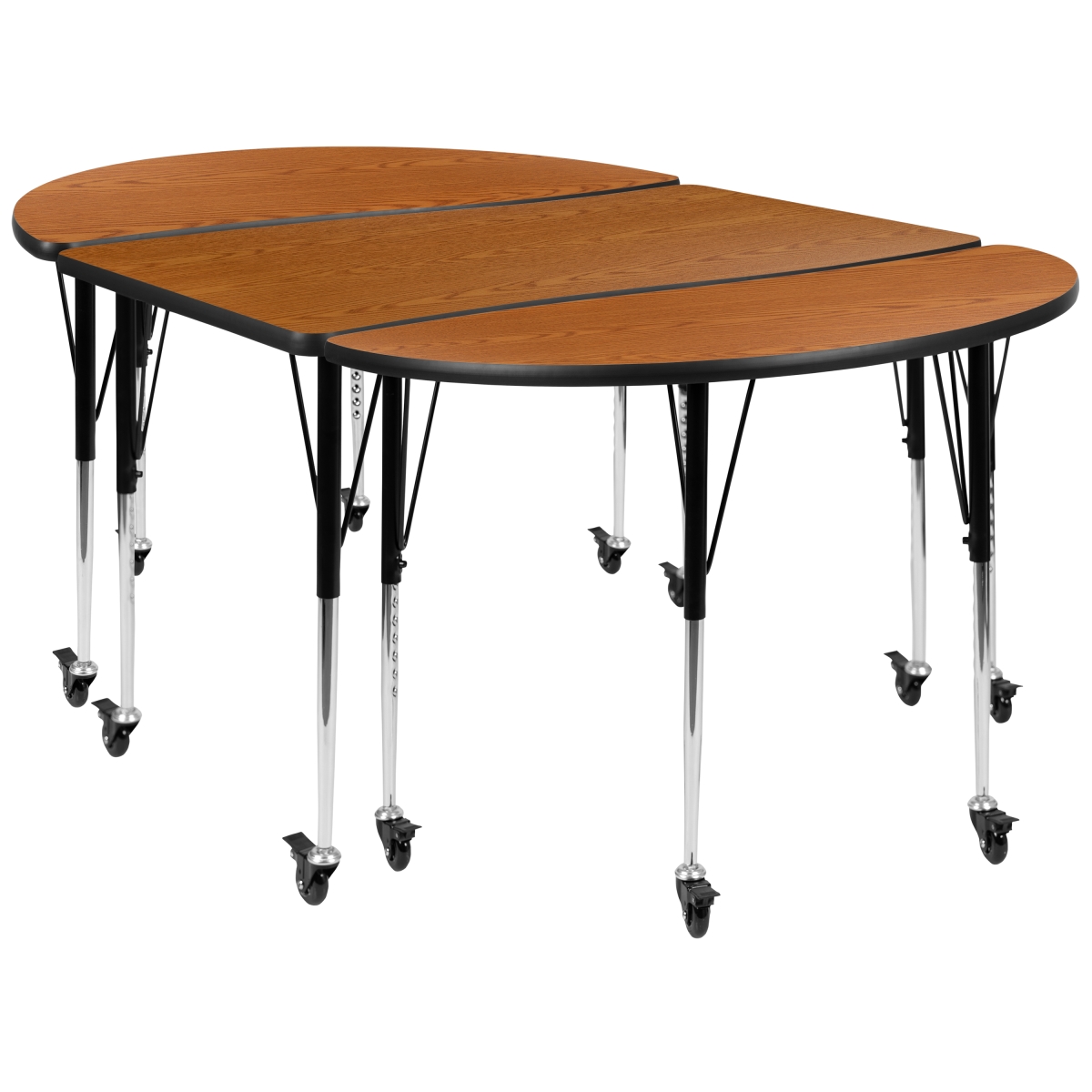 XU-GRP-A3048CON-48-OAK-T-A-CAS-GG 76 in. Mobile Oval Wave Flexible Oak Thermal Laminate Activity Table Set - Standard Height Adjustable Legs