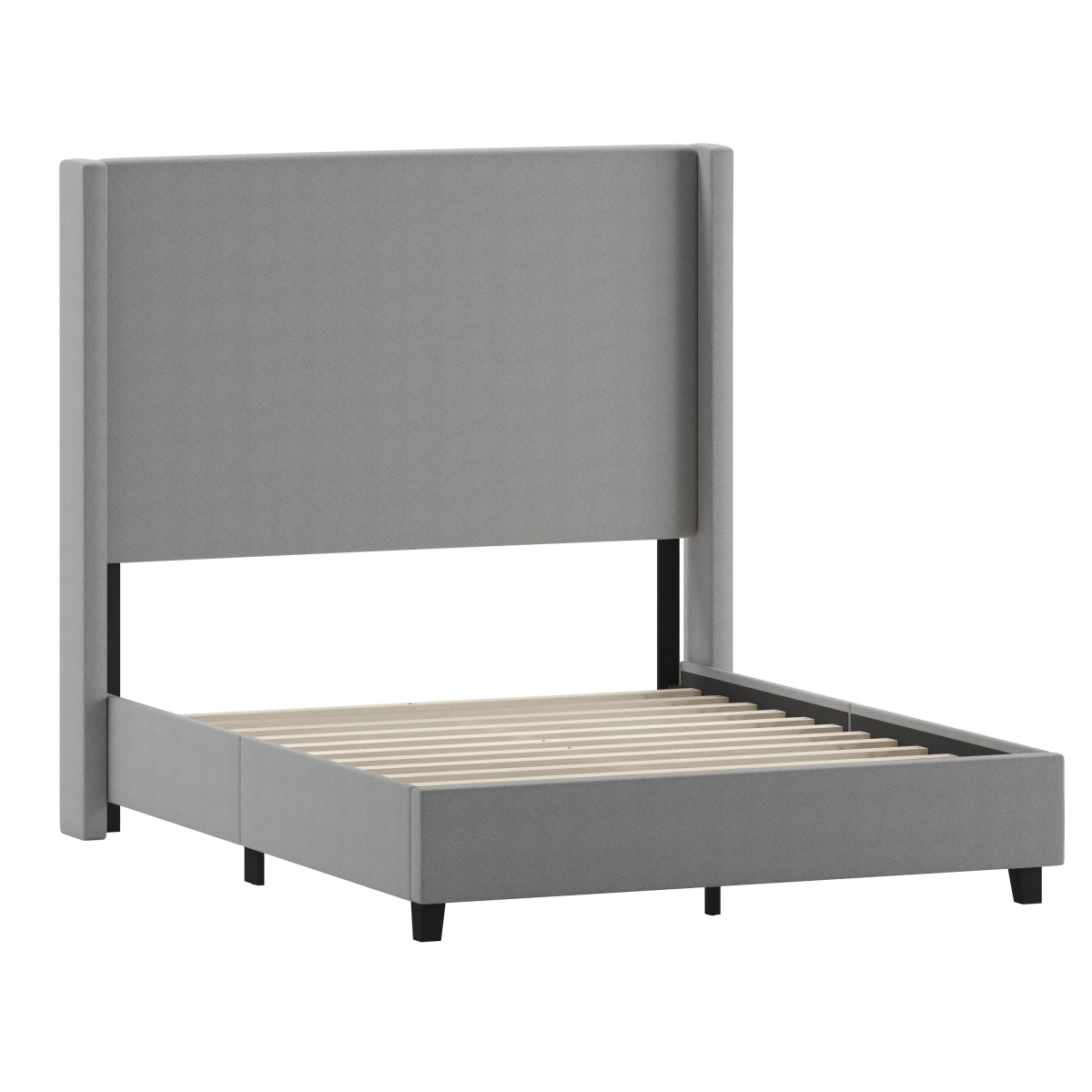 YK-1077-GY-F-GG Quinn Full Size Upholstered Platform Bed with Channel Stitched Wingback Headboard, Grey