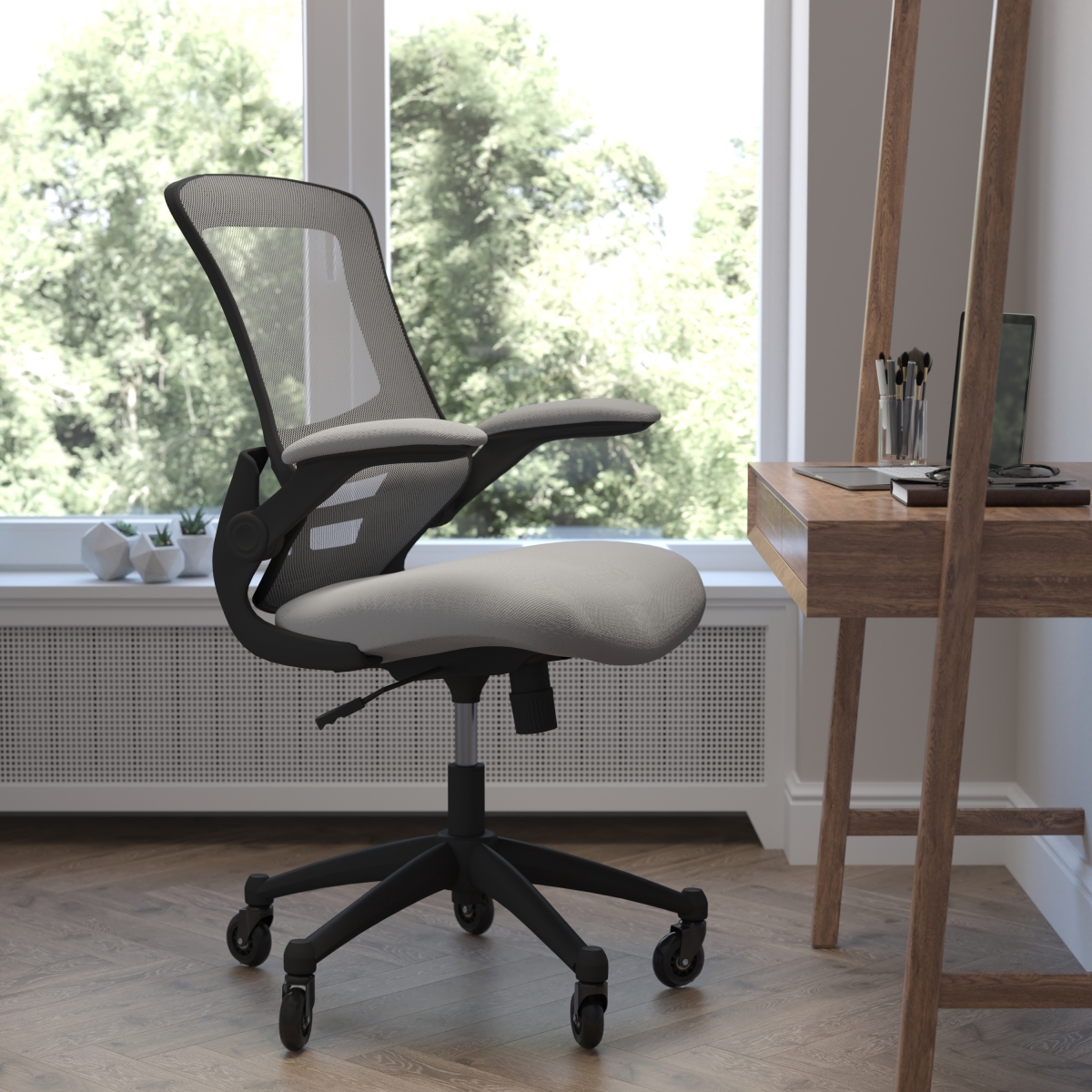 BL-X-5M-DKGY-RLB-GG Kelista Mid-Back Mesh Swivel Ergonomic with Flip-Up Arms & Transparent Roller Wheels Task Office Chair, Dark Gray