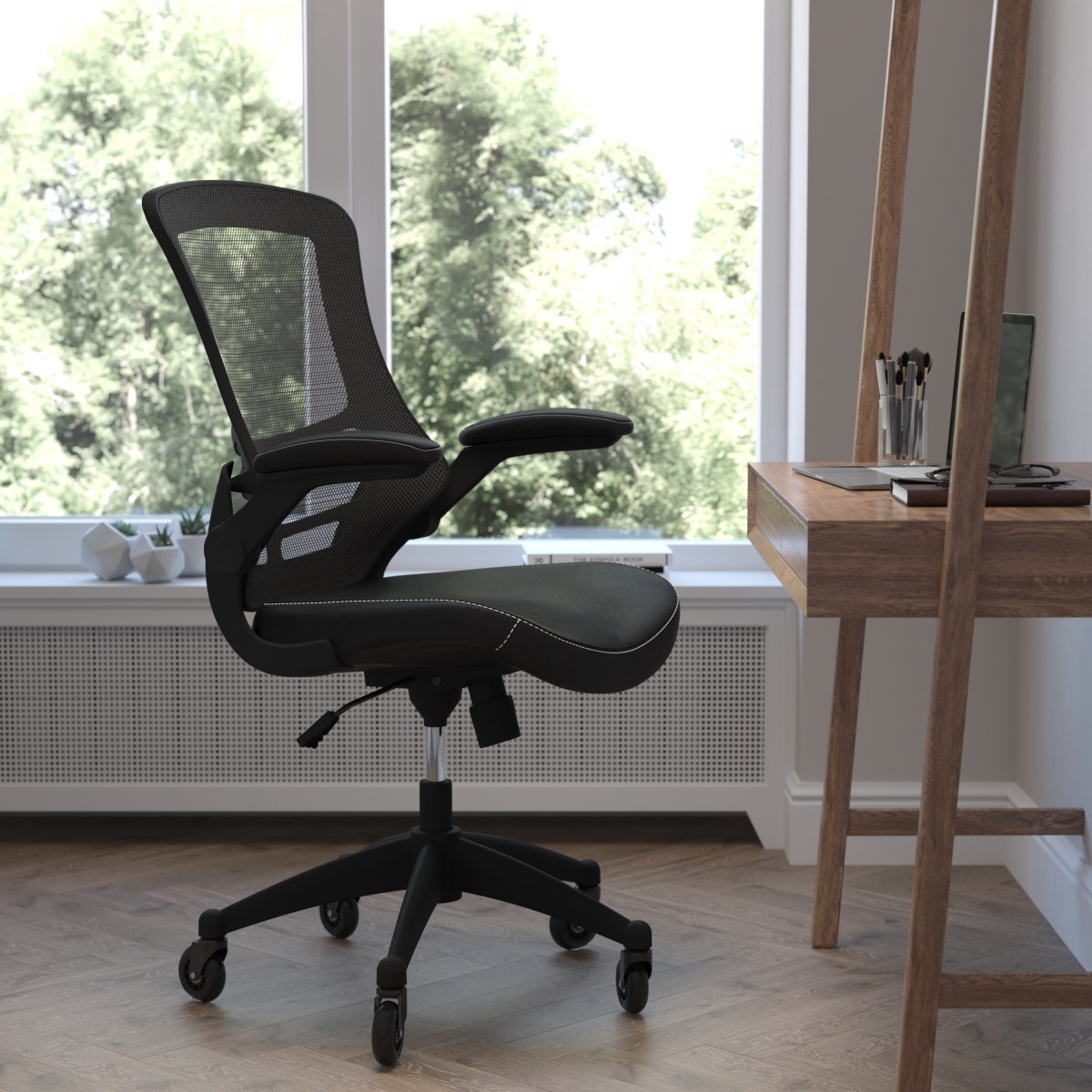 Kelista with Transparent Roller Wheels with Kelista Mid-Back Black Mesh & Leather Soft Seat for Home Office & Desk Swivel Chair, Black