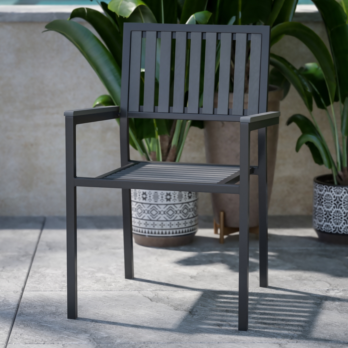 2-SB-A268C-BK-GG Harris Commercial with Poly Resin Slatted Backs & Seats Indoor & Outdoor Stacking Club Chairs, Black - Set of 2