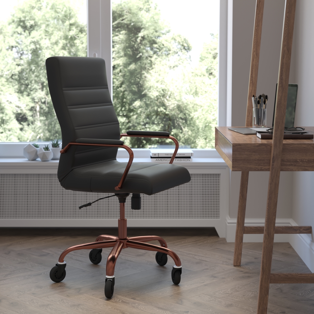 Whitney High Back Leather Swith Rose Gold Frame, Arms & Transparent Roller Wheels Soft Executive Swivel Office Chair, Black