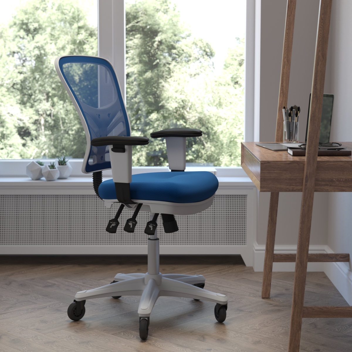 Nicholas Mid-Back Mesh Multifunction with Adjustable Arms, Transparent Roller Wheels & White Frame Executive Ergonomic Office Chair, Blue